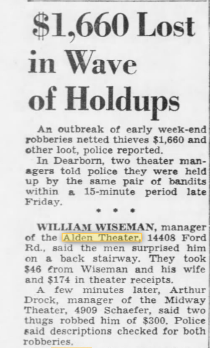Alden Theatre - SEPT 1950 ARTICLE ON ROBBERY